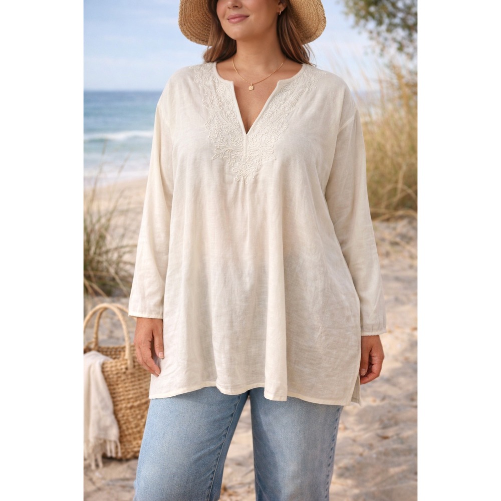 Lands End Linen Tunic Top Plus Size 1X Ivory Beaded Boho Beach Cover Up